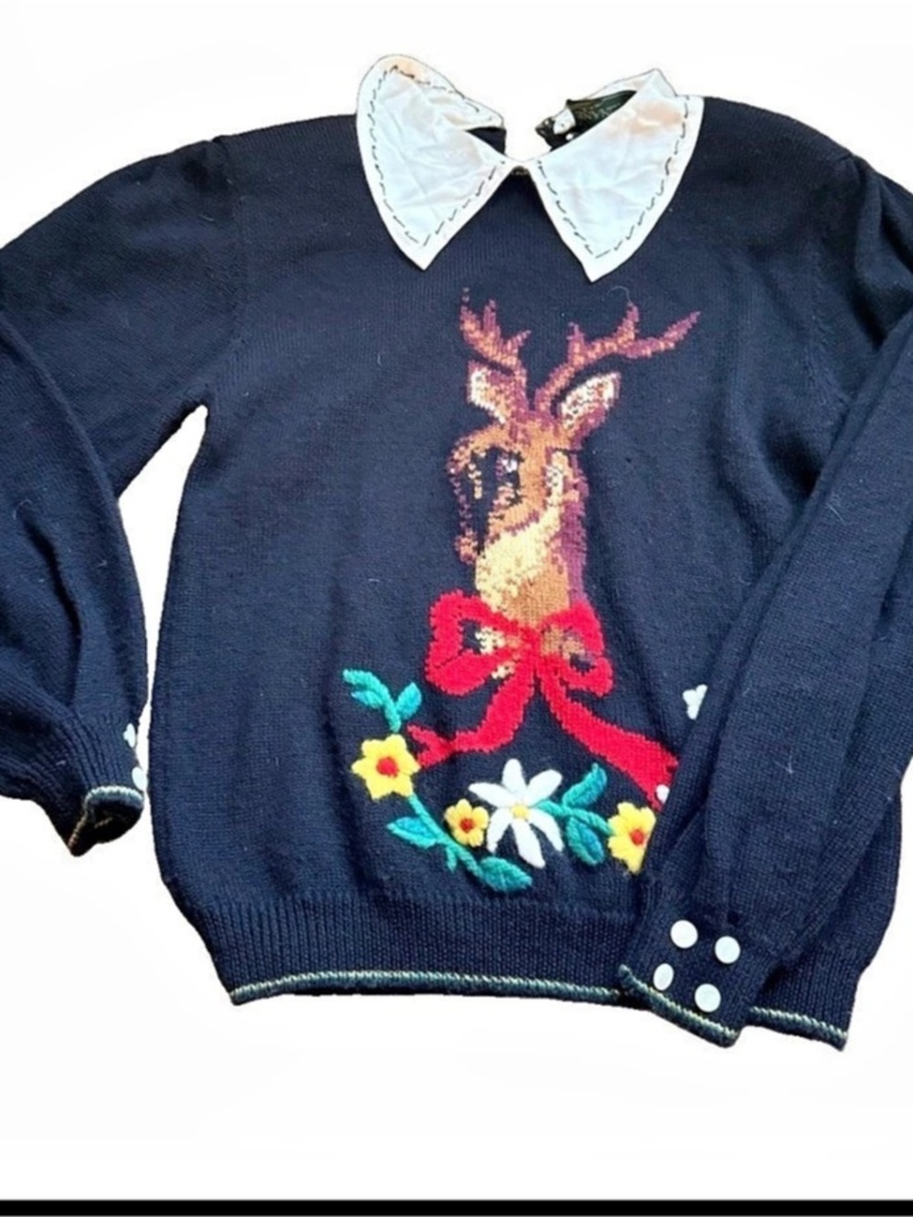 Vtg Christmas Wool Reindeer Sweater Peter Pan collar coquette cottage core m